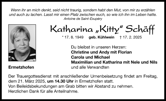 Traueranzeige von Katharina Schäff von Neustadt/ Scheinfeld/ Uffenheim