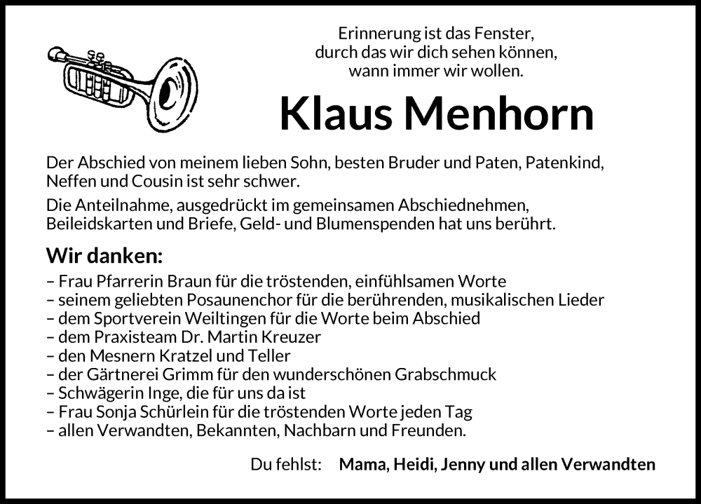  Traueranzeige für Klaus Menhorn vom 22.03.2025 aus Dinkelsbühl/ Feuchtwangen