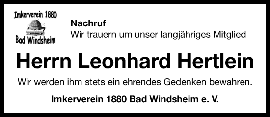 Traueranzeige von Leonhard Hertlein von Neustadt/ Scheinfeld/ Uffenheim