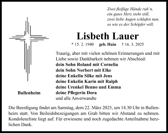 Traueranzeige von Lisbeth Lauer von Neustadt/ Scheinfeld/ Uffenheim