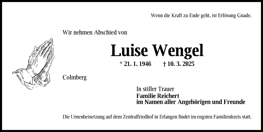  Traueranzeige für Luise Wengel vom 29.03.2025 aus Ansbach