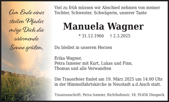 Traueranzeige von Manuela Wagner von Neustadt/ Scheinfeld/ Uffenheim
