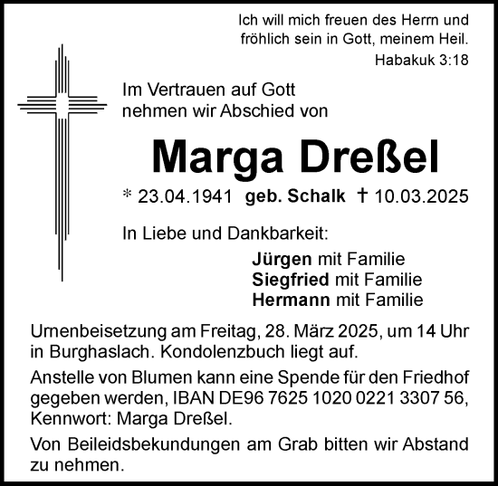 Traueranzeige von Marga Dreßel von Neustadt/ Scheinfeld/ Uffenheim