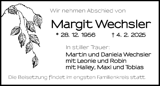 Traueranzeige von Margit Wechsler von Ansbach