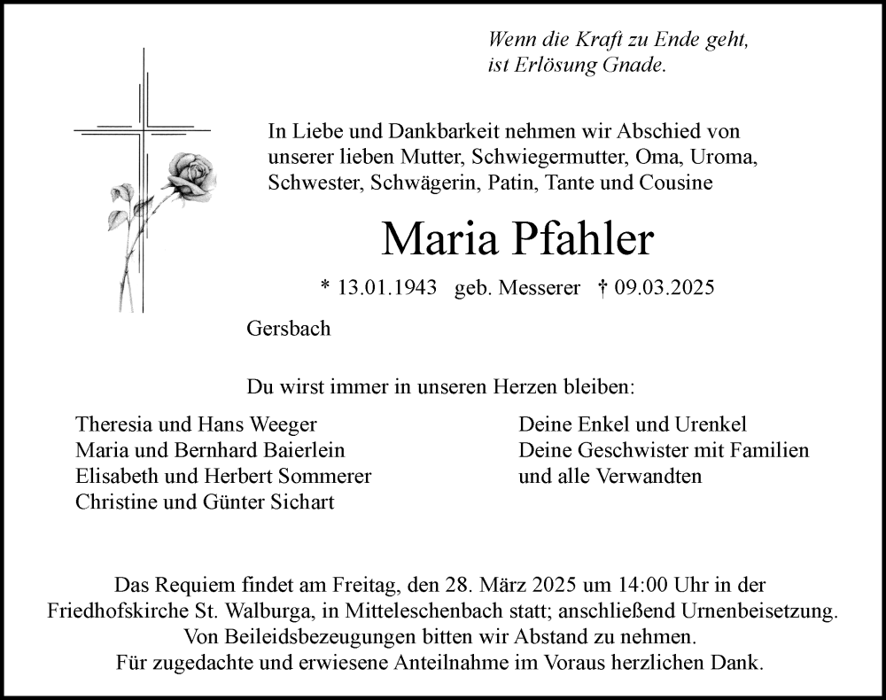  Traueranzeige für Maria Pfahler vom 22.03.2025 aus Ansbach
