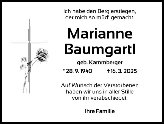 Traueranzeige von Marianne Baumgartl von Ansbach