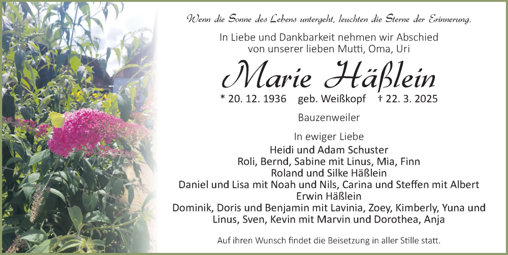  Traueranzeige für Marie Häßlein vom 29.03.2025 aus GE