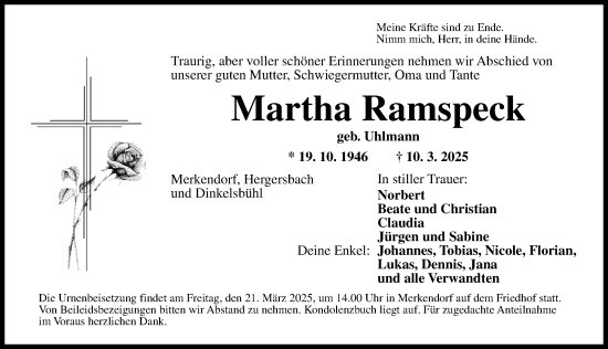 Traueranzeige von Martha Ramspeck von Ansbach