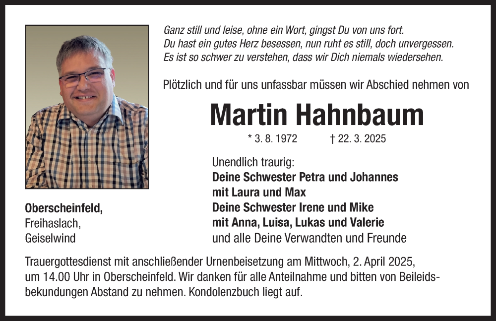  Traueranzeige für Martin Hahnbaum vom 29.03.2025 aus Neustadt/ Scheinfeld/ Uffenheim