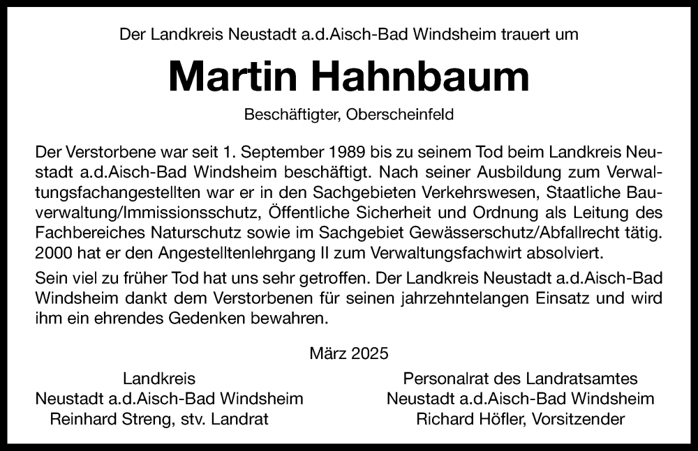  Traueranzeige für Martin Hahnbaum vom 29.03.2025 aus Neustadt/ Scheinfeld/ Uffenheim