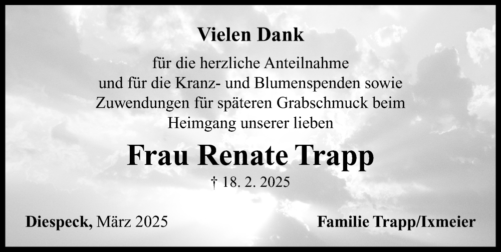  Traueranzeige für Renate Trapp vom 12.03.2025 aus Neustadt/ Scheinfeld/ Uffenheim