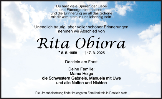 Traueranzeige von Rita Obiora von Dinkelsbühl/ Feuchtwangen