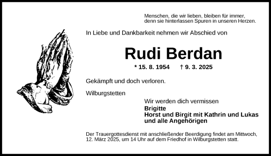 Traueranzeige von Rudi Berdan von Dinkelsbühl/ Feuchtwangen