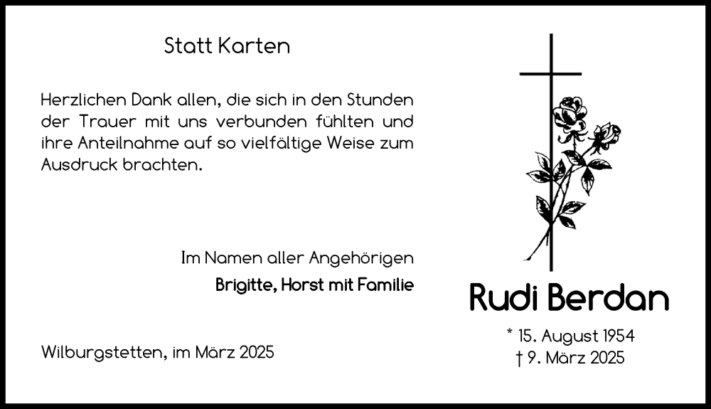  Traueranzeige für Rudi Berdan vom 29.03.2025 aus Dinkelsbühl/ Feuchtwangen