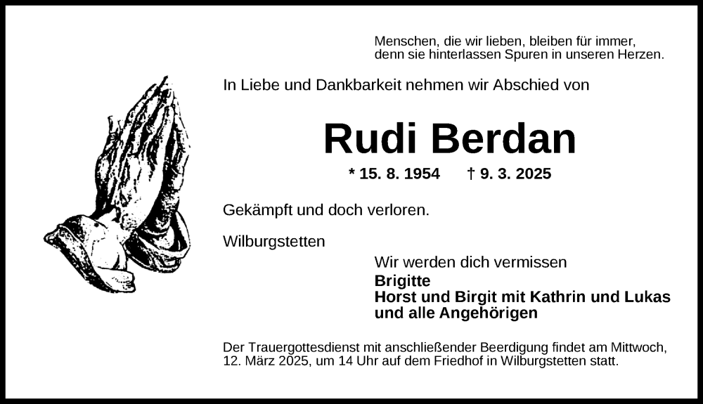  Traueranzeige für Rudi Berdan vom 11.03.2025 aus Dinkelsbühl/ Feuchtwangen