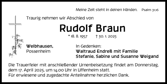 Traueranzeige von Rudolf Braun von Neustadt/ Scheinfeld/ Uffenheim