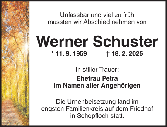 Traueranzeige von Werner Schuster von Dinkelsbühl/ Feuchtwangen