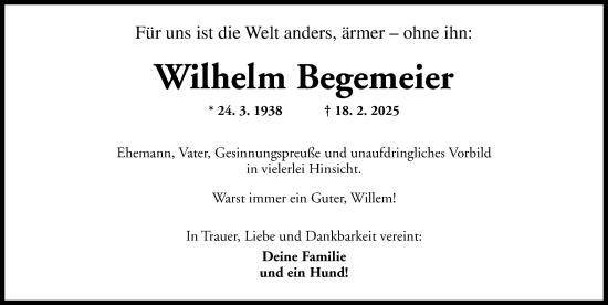 Traueranzeige von Wilhelm Begemeier von Ansbach