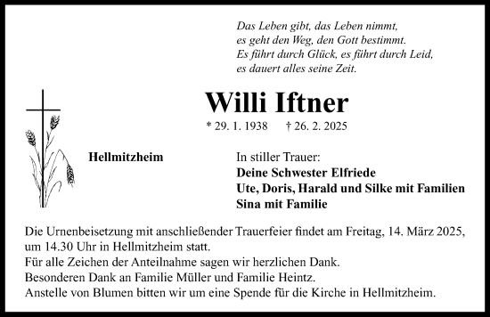 Traueranzeige von Willi Iftner von Neustadt/ Scheinfeld/ Uffenheim