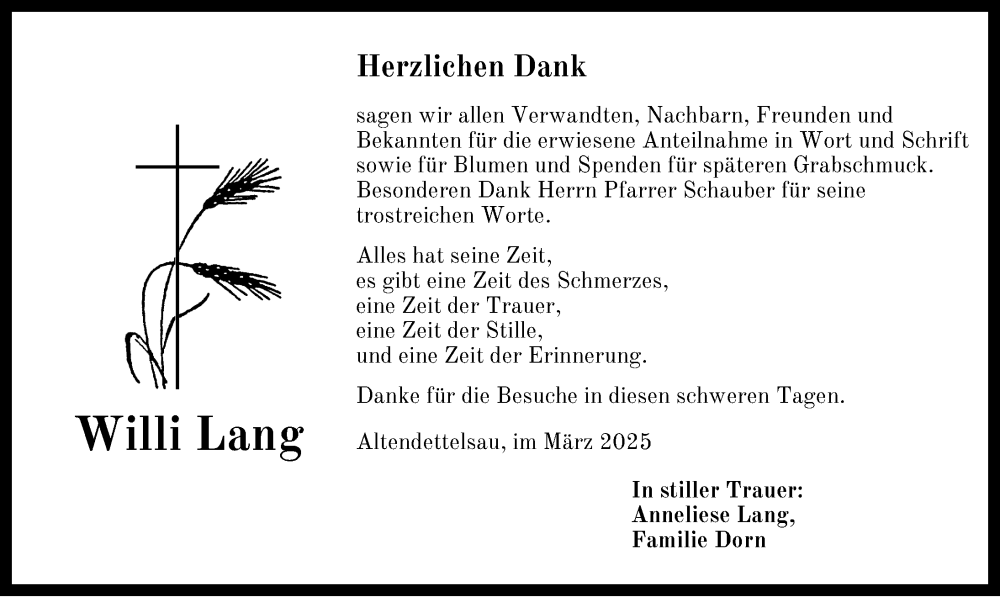  Traueranzeige für Willi Lang vom 03.03.2025 aus Ansbach