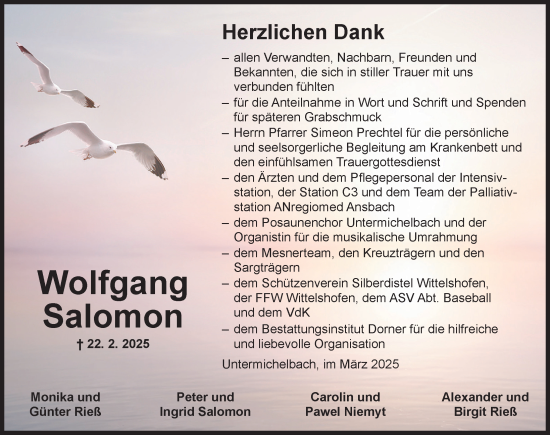 Traueranzeige von Wolfgang Salomon von Dinkelsbühl/ Feuchtwangen