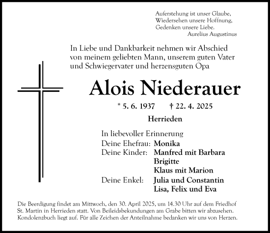 Traueranzeige von Alois Niederauer von Ansbach