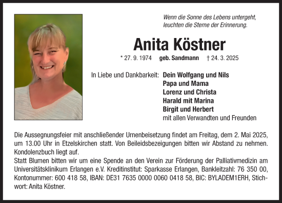Traueranzeige von Anita Köstner von Neustadt/ Scheinfeld/ Uffenheim