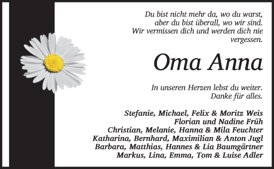 Traueranzeige von Anna  von Dinkelsbühl/ Feuchtwangen