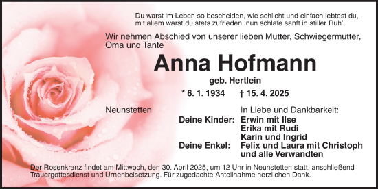Traueranzeige von Anna Hofmann von Ansbach