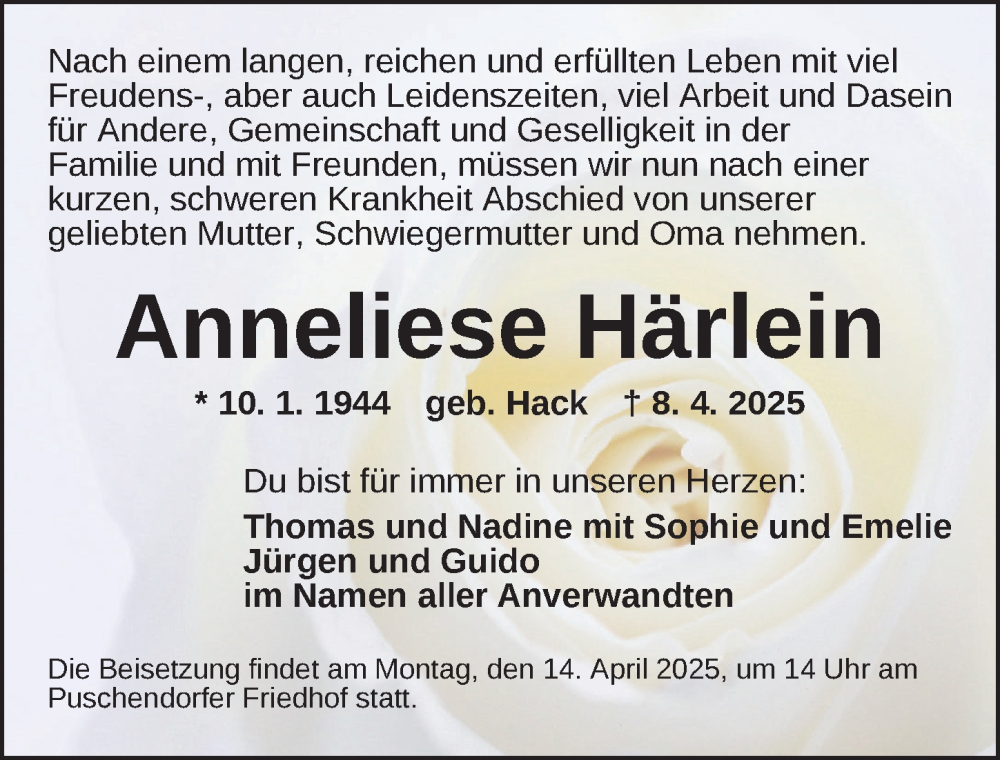  Traueranzeige für Anneliese Härlein vom 11.04.2025 aus Neustadt/ Scheinfeld/ Uffenheim