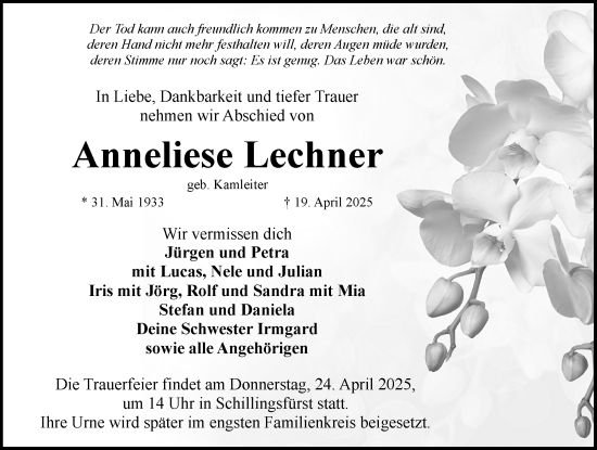Traueranzeige von Anneliese Lechner von Rothenburg
