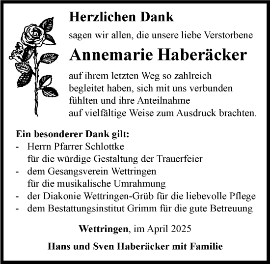 Traueranzeige von Annemarie Haberäcker von Rothenburg