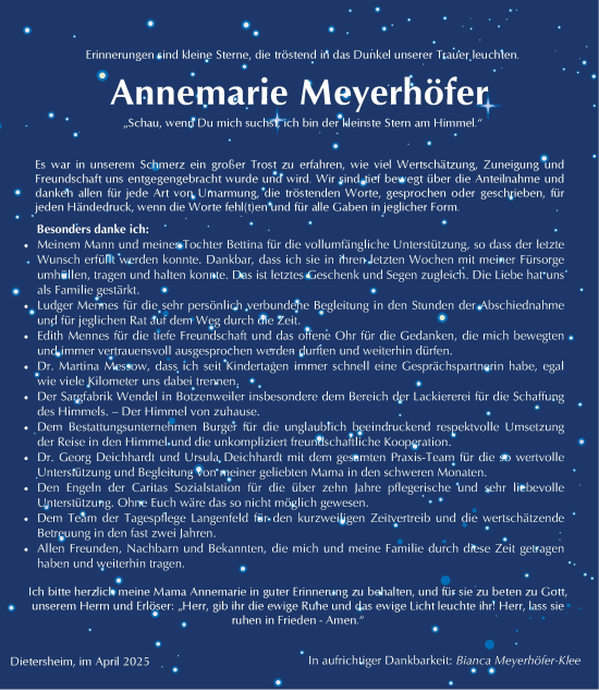Traueranzeige von Annemarie Meyerhöfer von Dinkelsbühl/ Feuchtwangen