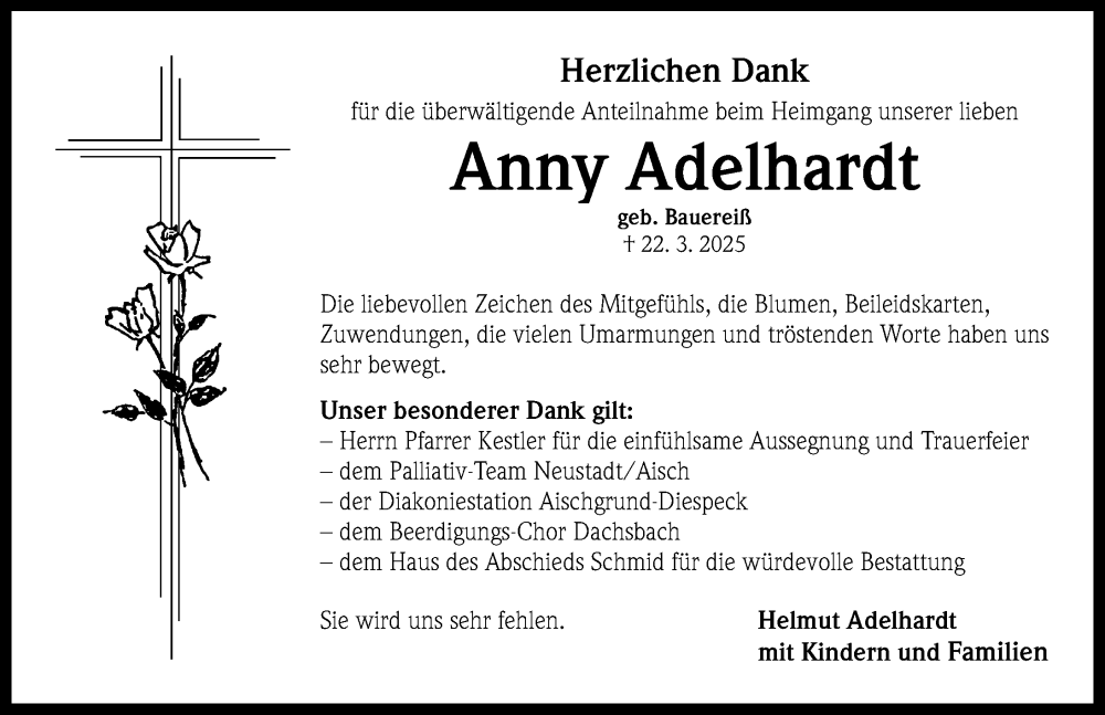  Traueranzeige für Anny Adelhardt vom 12.04.2025 aus Neustadt/ Scheinfeld/ Uffenheim