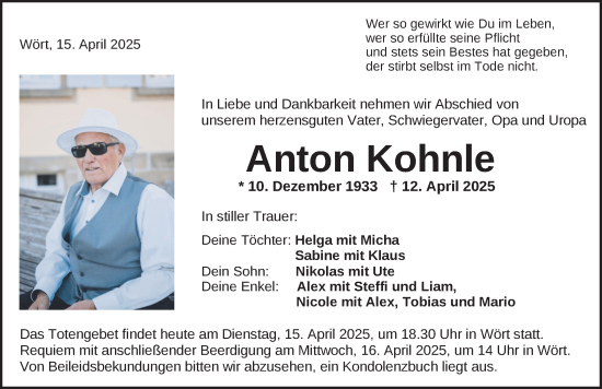 Traueranzeige von Anton Kohnle von Dinkelsbühl/ Feuchtwangen