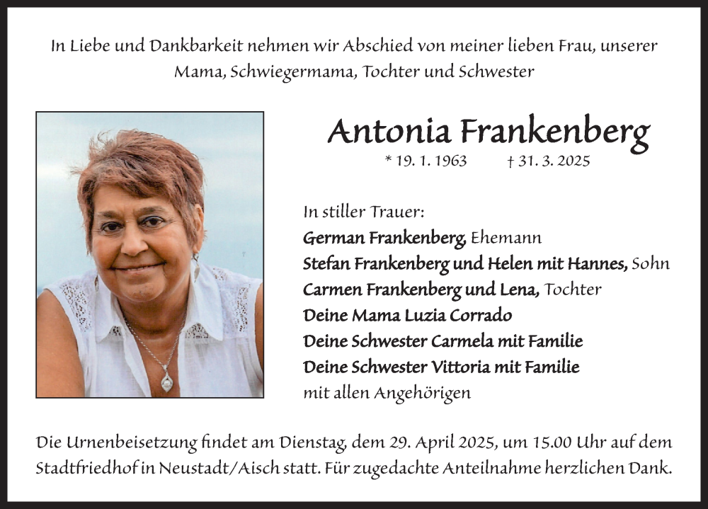  Traueranzeige für Antonia Frankenberg vom 19.04.2025 aus Neustadt/ Scheinfeld/ Uffenheim