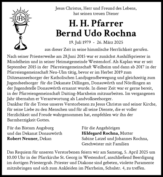 Traueranzeige von Bernd Udo Rochna von Dinkelsbühl/ Feuchtwangen