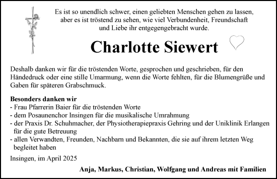 Traueranzeige von Charlotte Siewert von Rothenburg