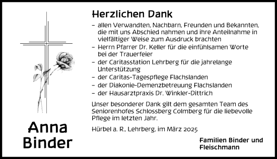 Traueranzeige von Anna Binder von Ansbach