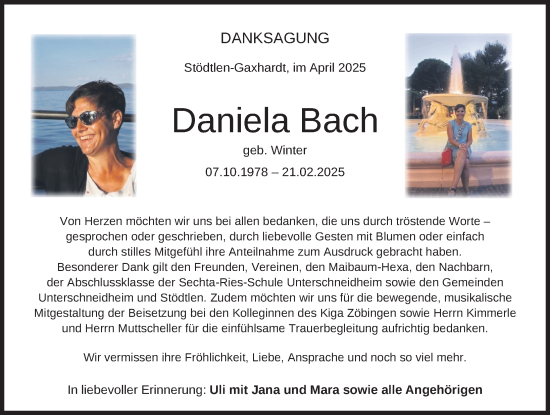 Traueranzeige von Daniela Bach von Dinkelsbühl/ Feuchtwangen