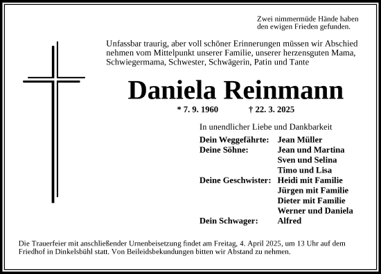 Traueranzeige von Daniela Reinmann von Dinkelsbühl/ Feuchtwangen