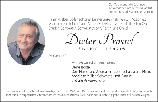 Traueranzeige von Dieter Prossel von Ansbach