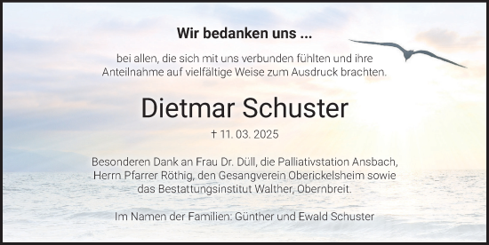 Traueranzeige von Dietmar Schuster von Neustadt/ Scheinfeld/ Uffenheim