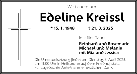 Traueranzeige von Edeline Kreissl von Ansbach