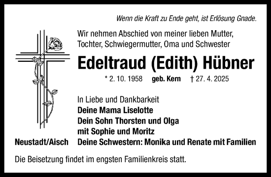 Traueranzeige von Edeltraud Hübner von Neustadt/ Scheinfeld/ Uffenheim