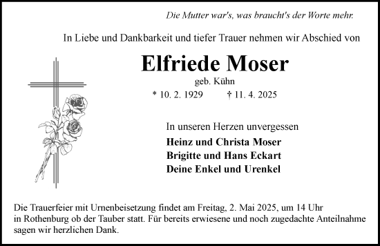 Traueranzeige von Elfriede Moser von Rothenburg