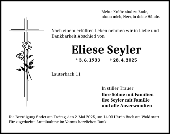 Traueranzeige von Eliese Seyler von Rothenburg