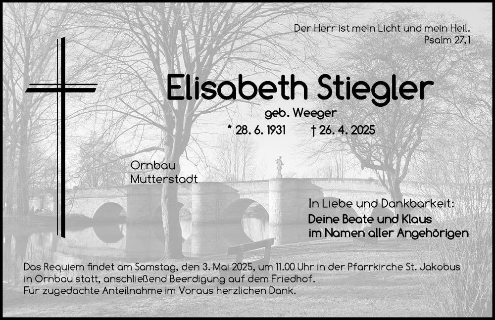  Traueranzeige für Elisabeth Stiegler vom 30.04.2025 aus Ansbach