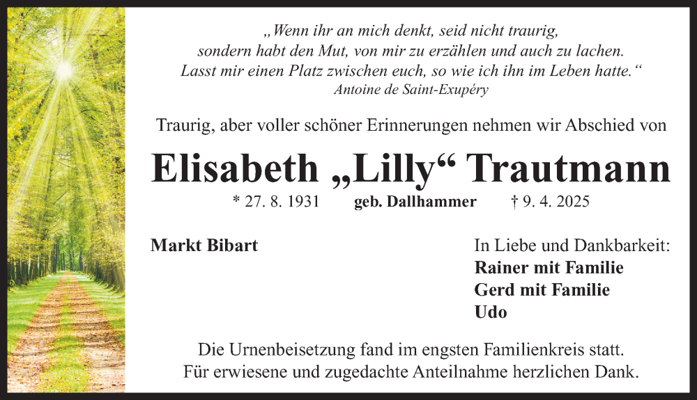  Traueranzeige für Elisabeth Trautmann vom 17.04.2025 aus Neustadt/ Scheinfeld/ Uffenheim
