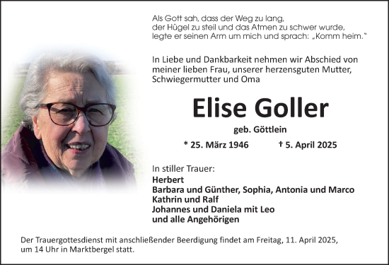Traueranzeige von Elise Goller von Neustadt/ Scheinfeld/ Uffenheim
